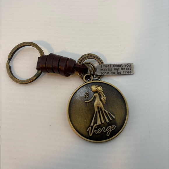Virgo Zodiac Keychain | Bronze Horoscope Charm with Leather Accent - Picture 1 of 3
